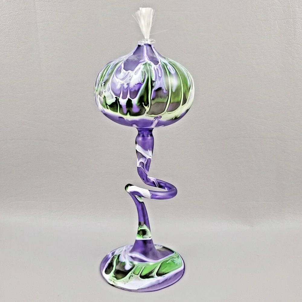 Flame Glow Oil Lamp Penco Hand Blown Glass Intertwined Stems Candle Purple Green